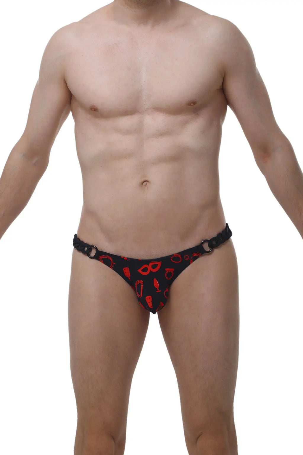 Black thong with red cocktail and mask patterns from petitq bikini chains boudoir collection front view