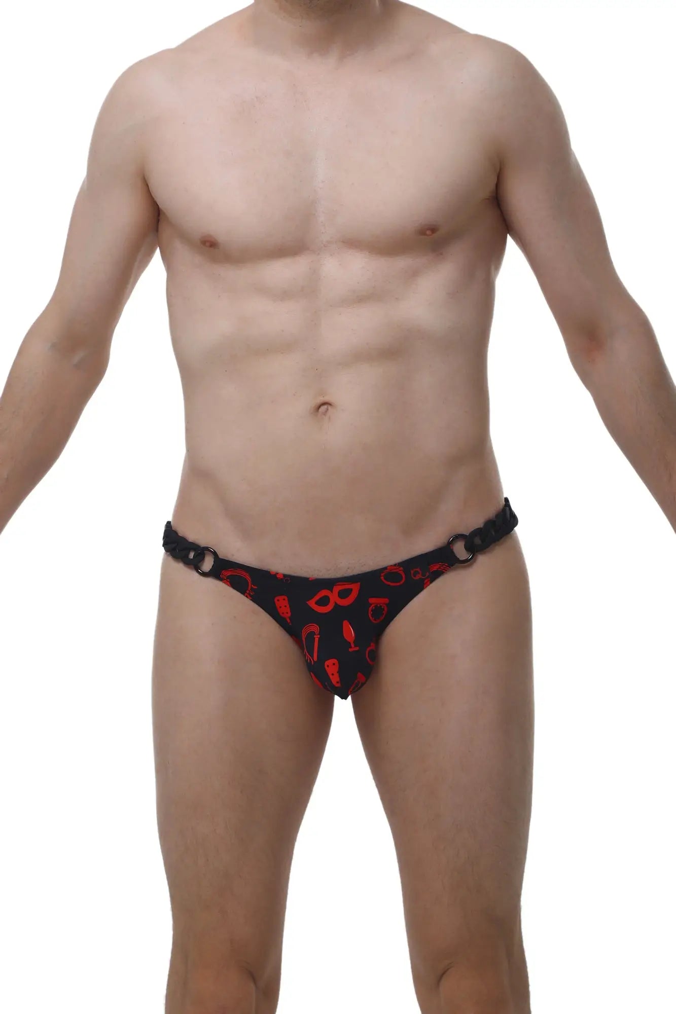Black thong with red cocktail and mask patterns from petitq bikini chains boudoir collection front view