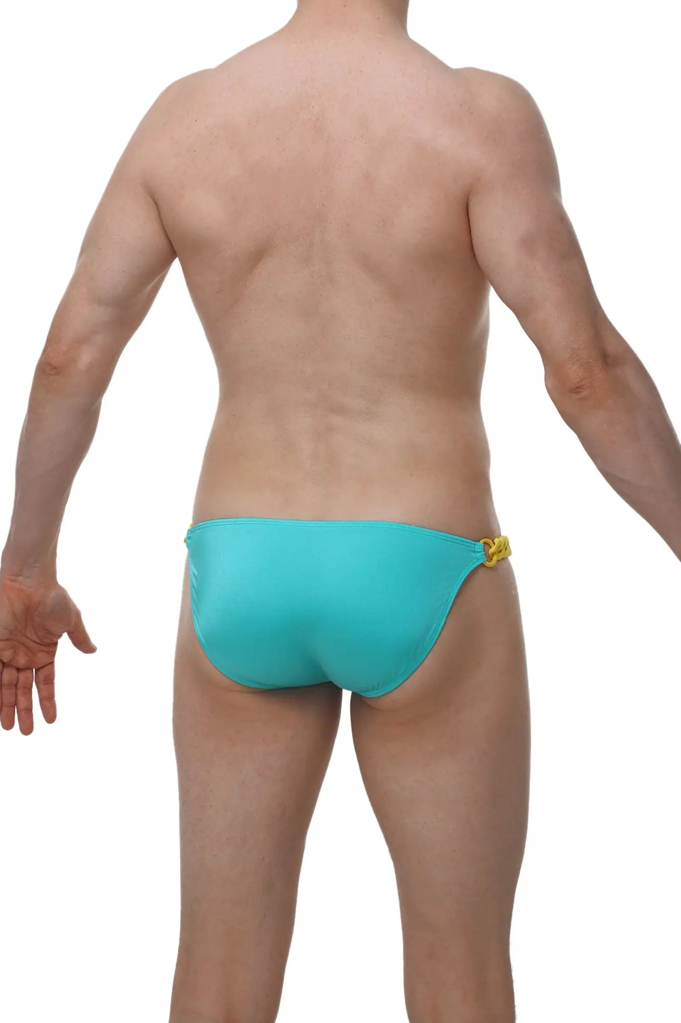 Turquoise one-piece swim trunks with yellow metallic clasp at the side from petitq bikini chains joe green collection