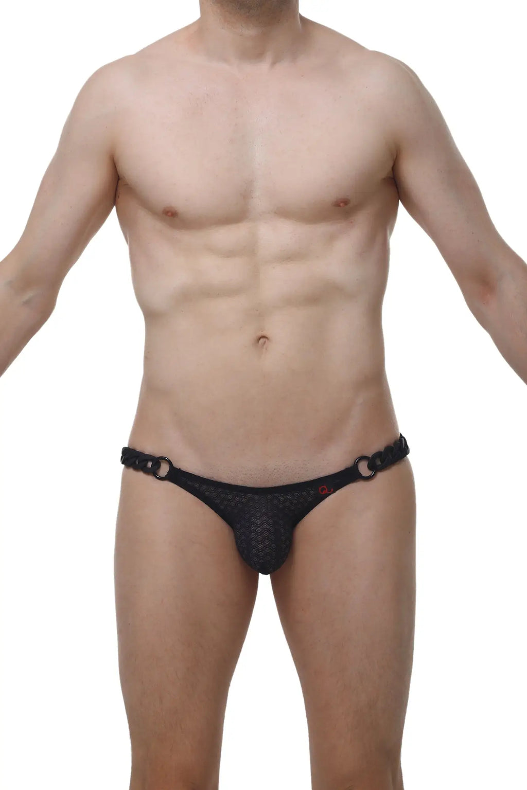 Black mesh petitq bikini chains macra briefs with chain-like waistband and red branding visible from front view