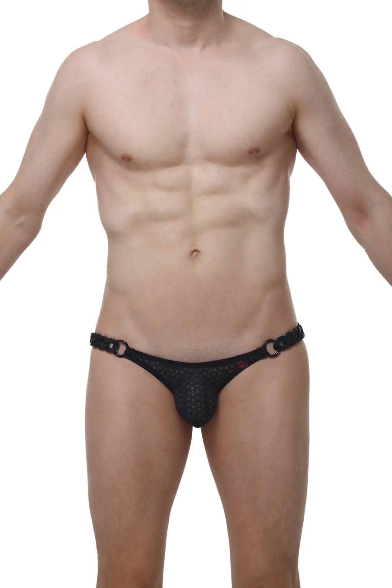 Black mesh petitq bikini chains macra briefs with chain-like waistband and red branding visible from front view