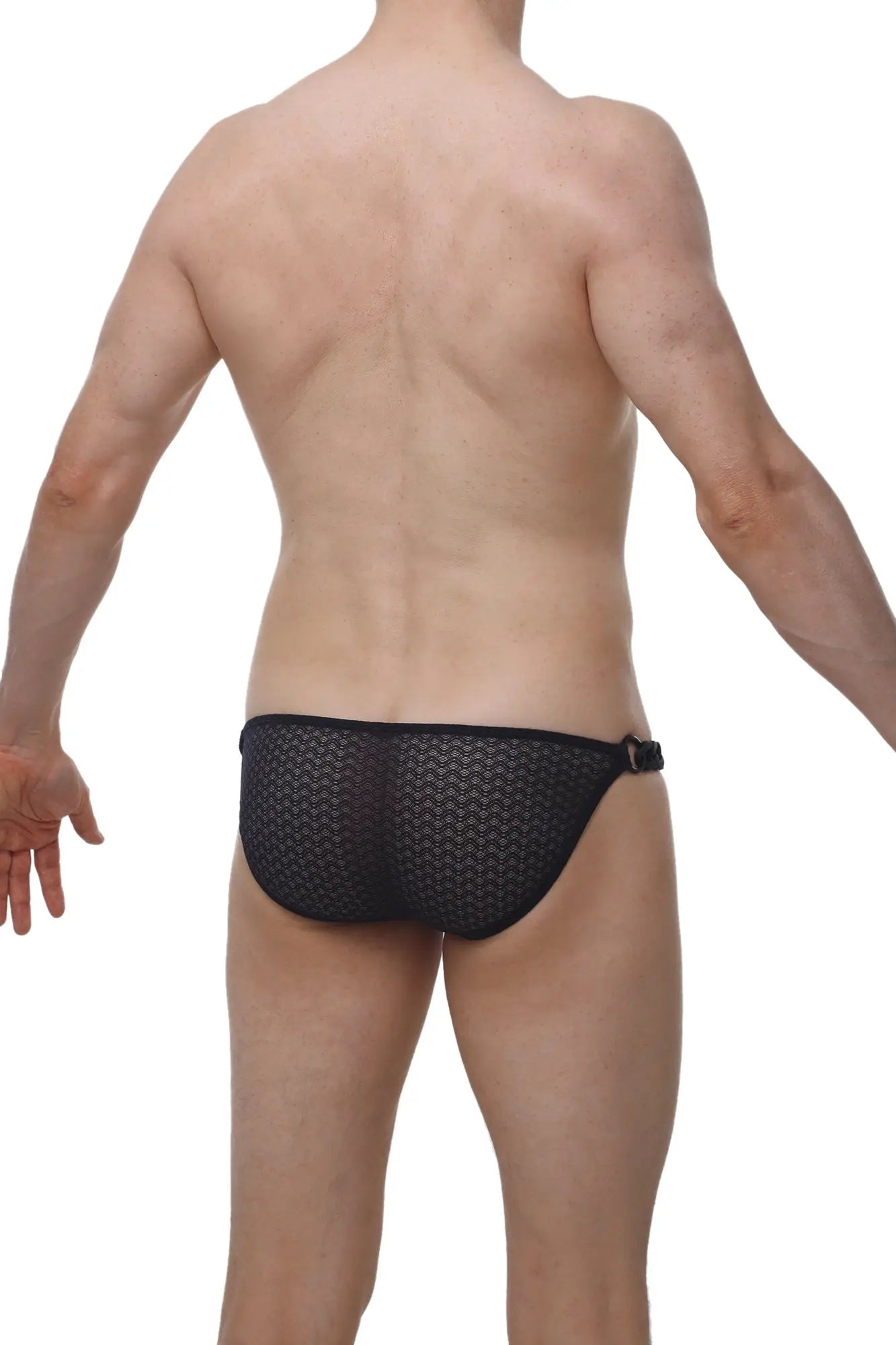 PetitQ bikini chains macra black mesh briefs with subtle geometric pattern and sleek form-fitting design