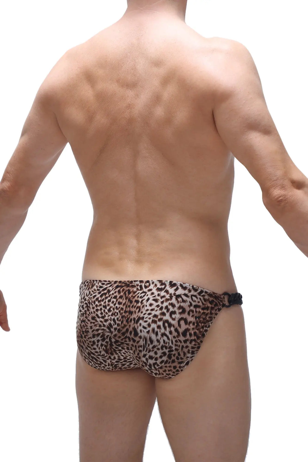 Leopard-print swim trunks with a black adjustable waistband from petitq bikini chains panthere collection
