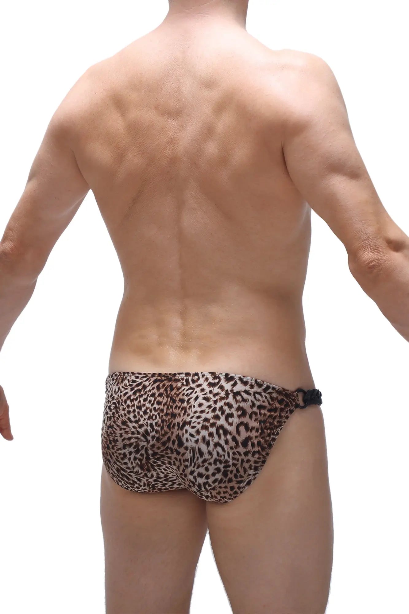 Leopard-print swim trunks with a black adjustable waistband from petitq bikini chains panthere collection