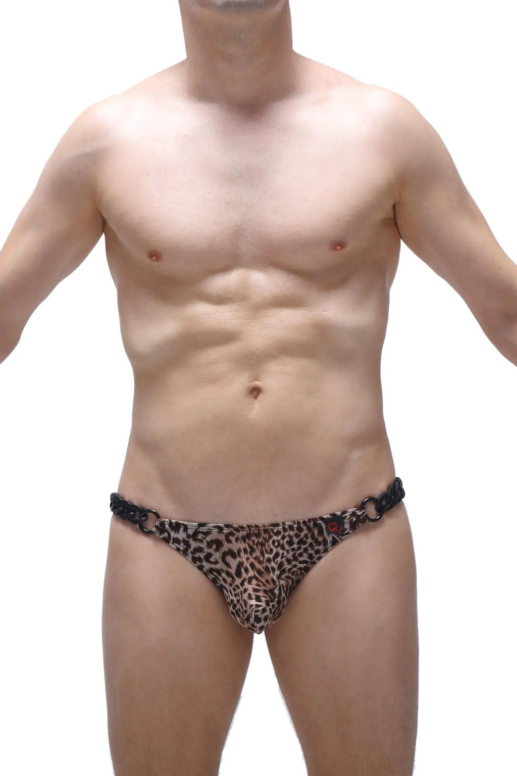 Leopard-print thong bikini with black chain detailing and a small red logo on the waistband by PetitQ