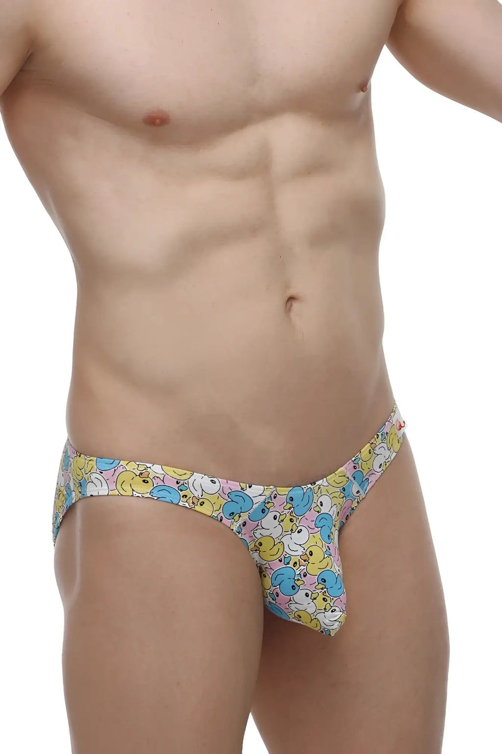 A pair of colorful men’s petitq bikini briefs with a playful duck pattern ideal for casual wear