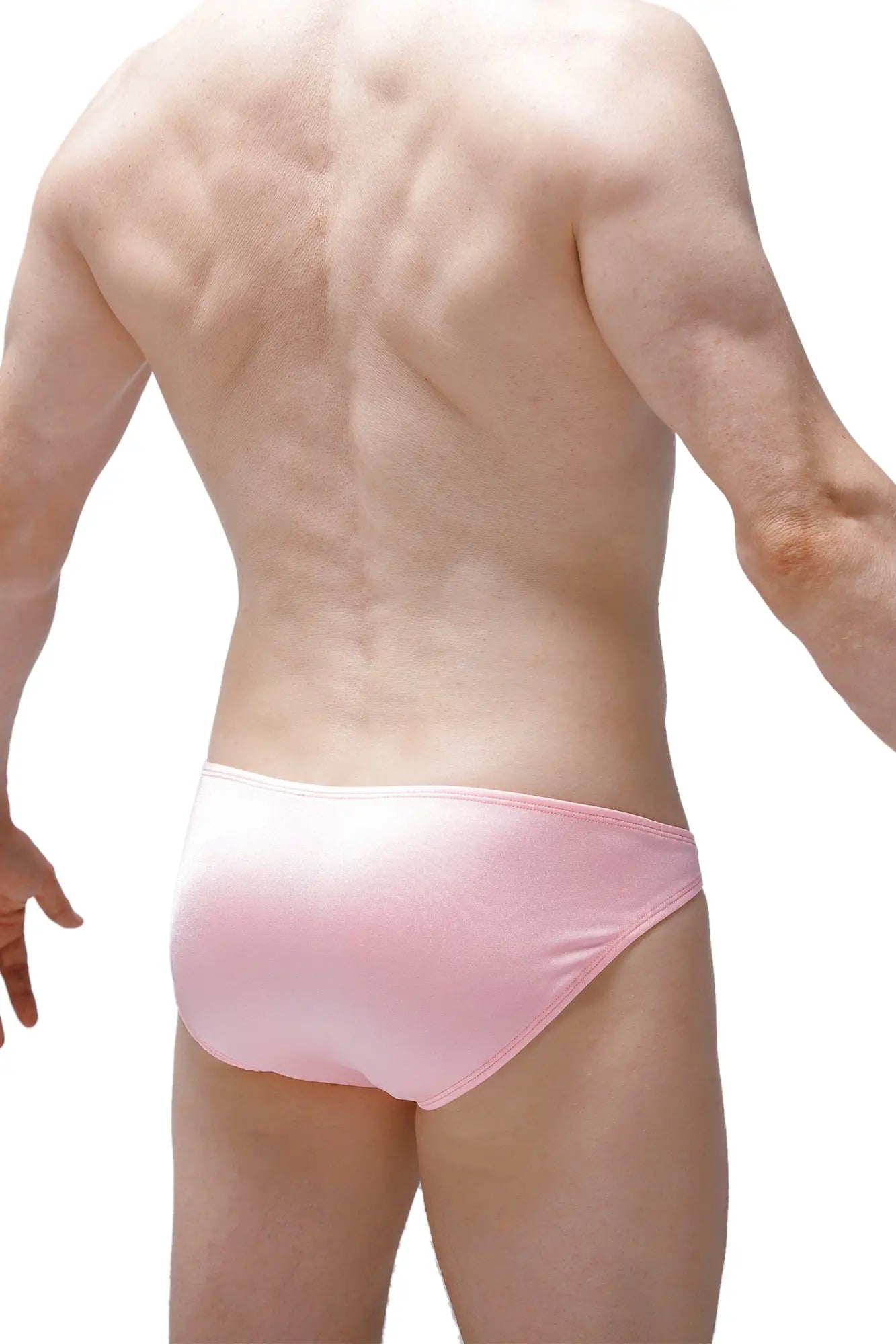 Pink satin briefs from petitq bikini chillax joe pink showing the back side with smooth fabric and comfortable fit