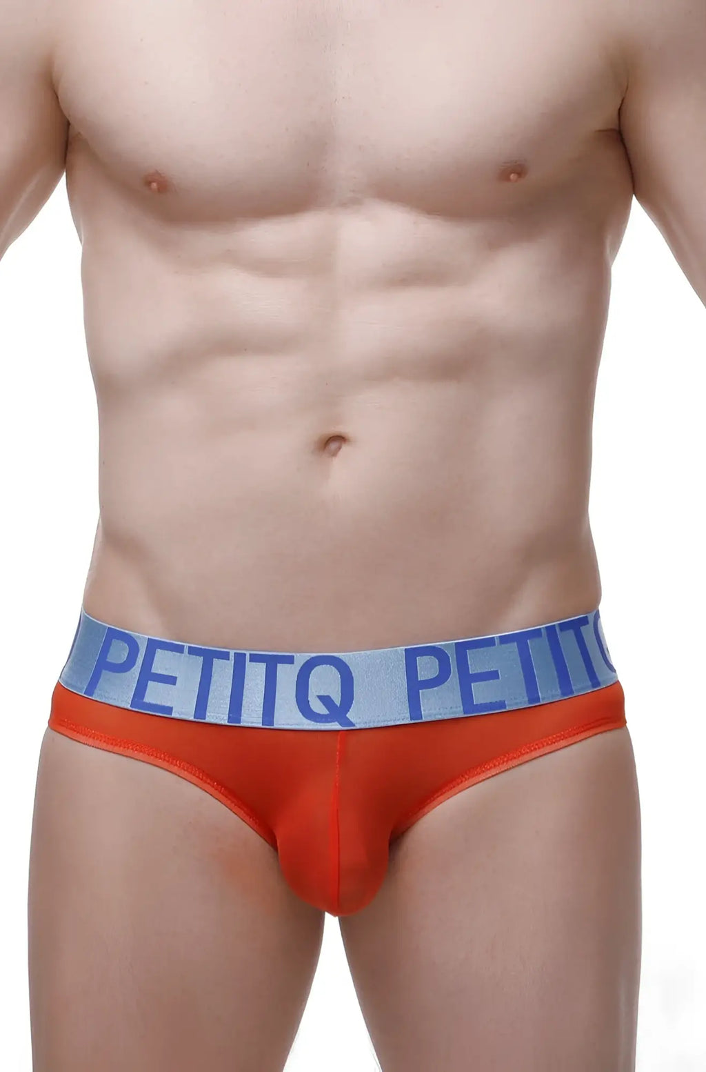 Bright orange petitq bikini chisa net red mens briefs with blue waistband and bold white brand name lettering