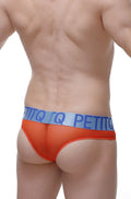 Orange sheer PetitQ bikini Chisa net red briefs with blue elastic waistband featuring white PetitQ logo