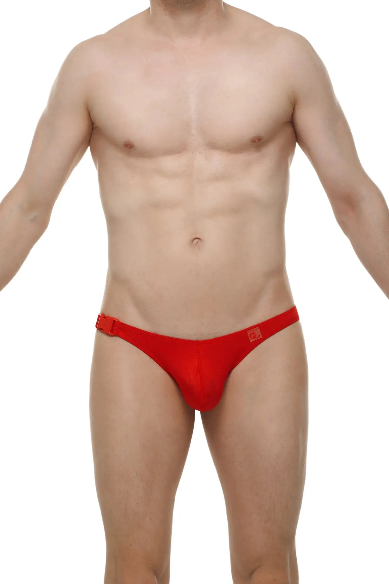 Bikini clip joe red men’s snug fit briefs in red with a small square logo on the side