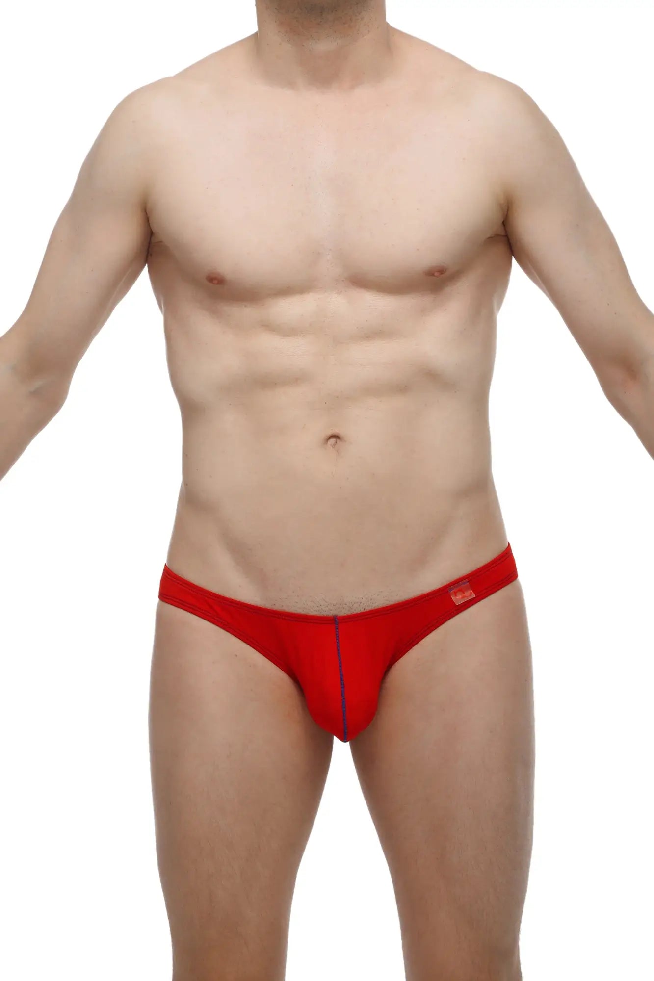 PetitQ bikini colline modal red men’s briefs in red with blue seam detail and small logo on the waistband