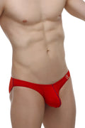 Red men’s briefs with navy blue trim and small logo on waistband petitq bikini colline modal red