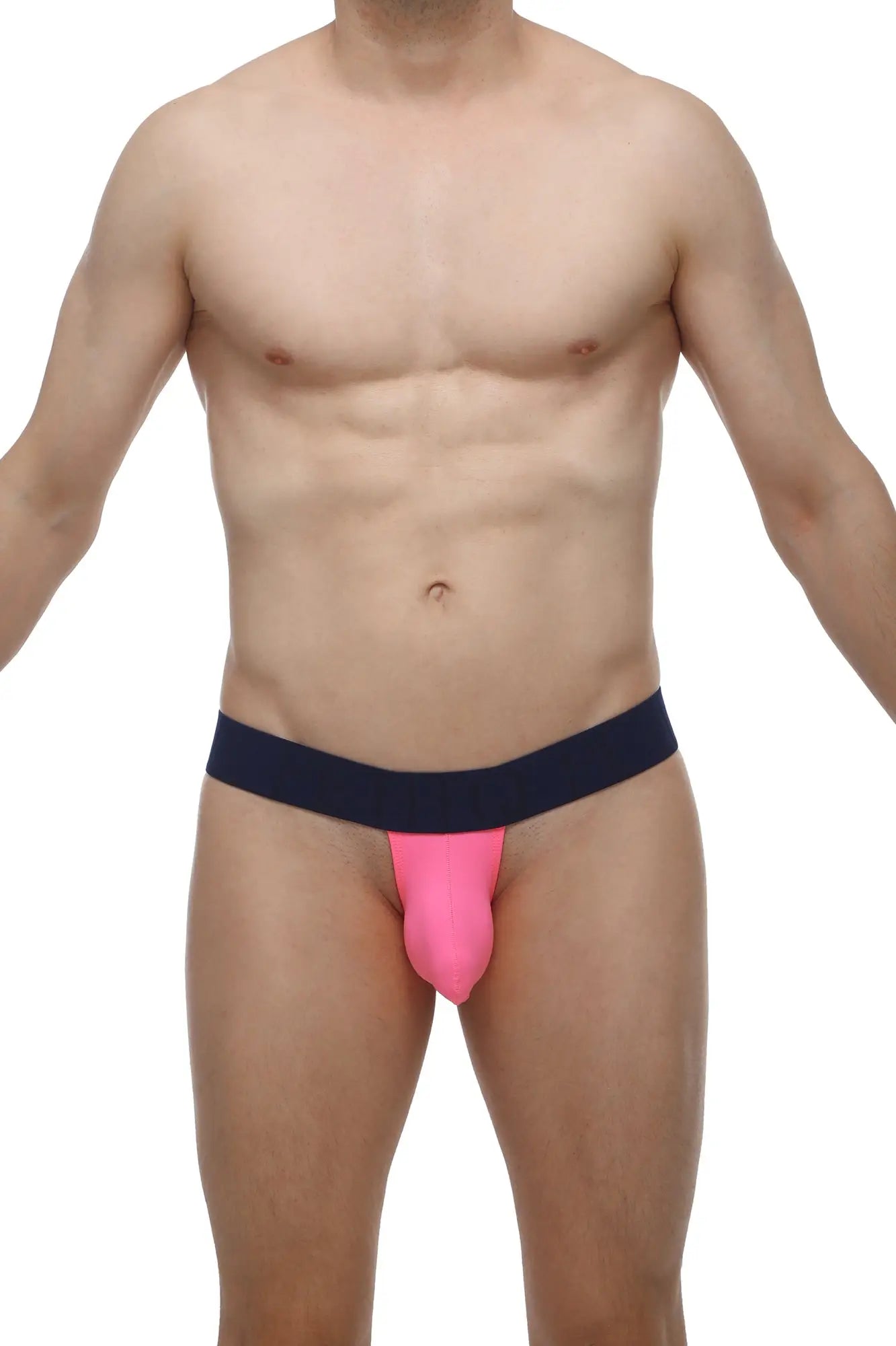 Bright pink form-fitting jockstrap with navy blue waistband from petitq bikini coren pink collection
