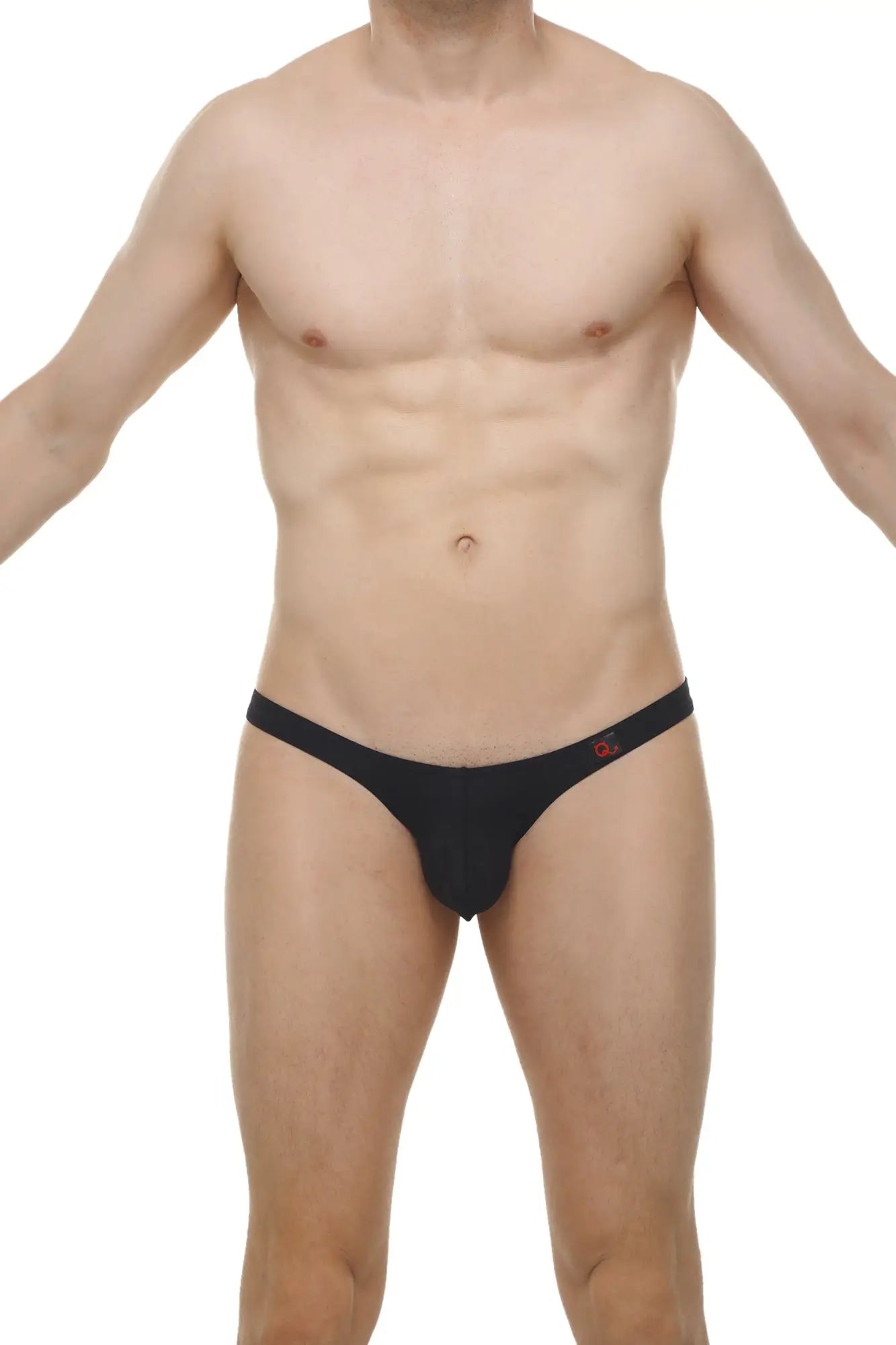 Black men’s thong bikini dome plum black with small red logo on waistband shown from the back side