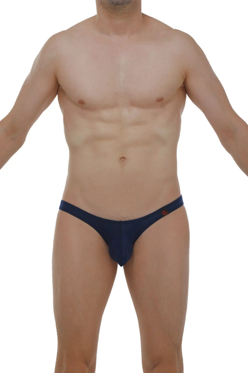 Navy blue petitq bikini dome briefs with small orange logo on sideband soft stretchy fabric for everyday wear