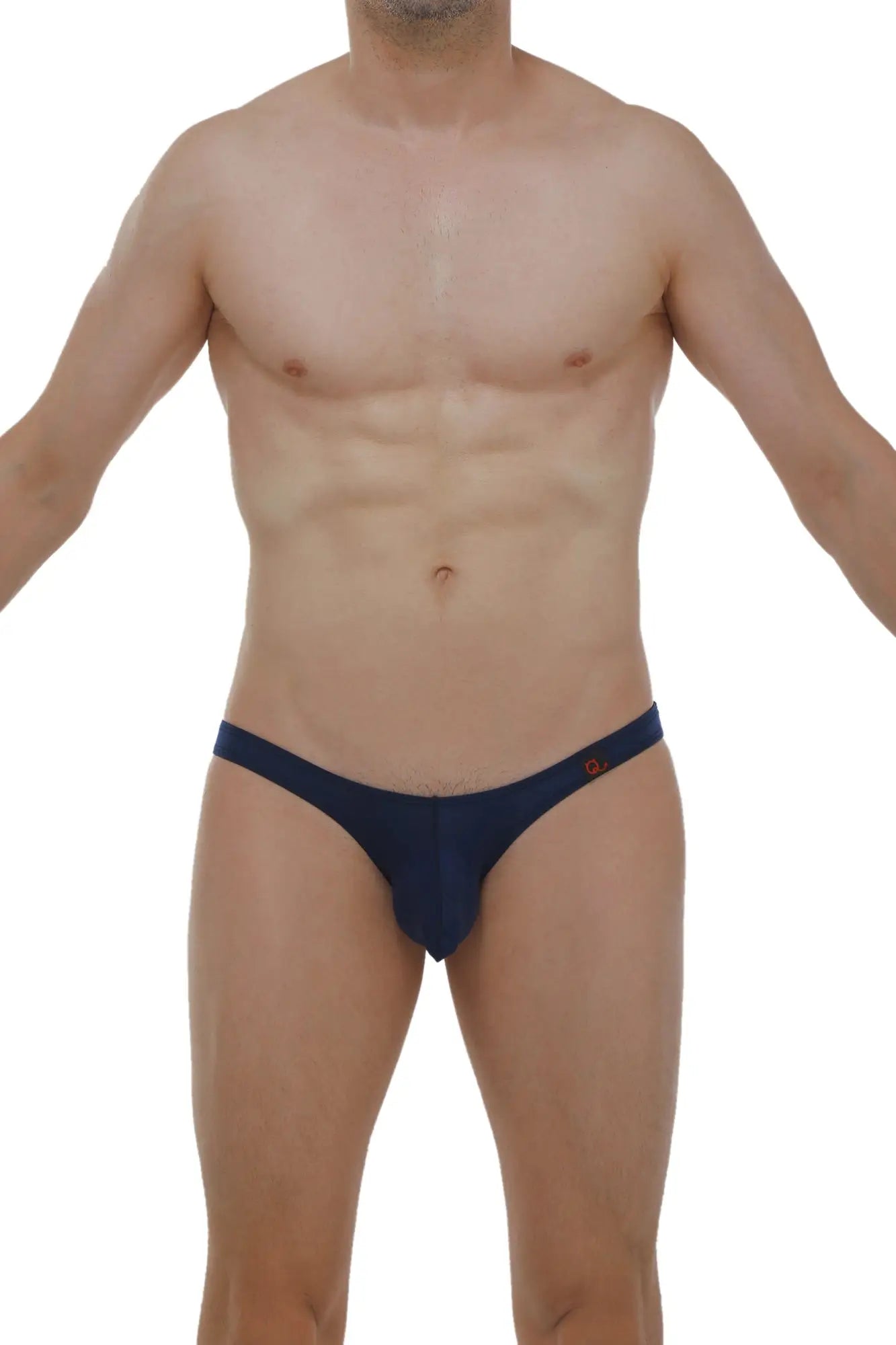 Navy blue petitq bikini dome briefs with small orange logo on sideband soft stretchy fabric for everyday wear