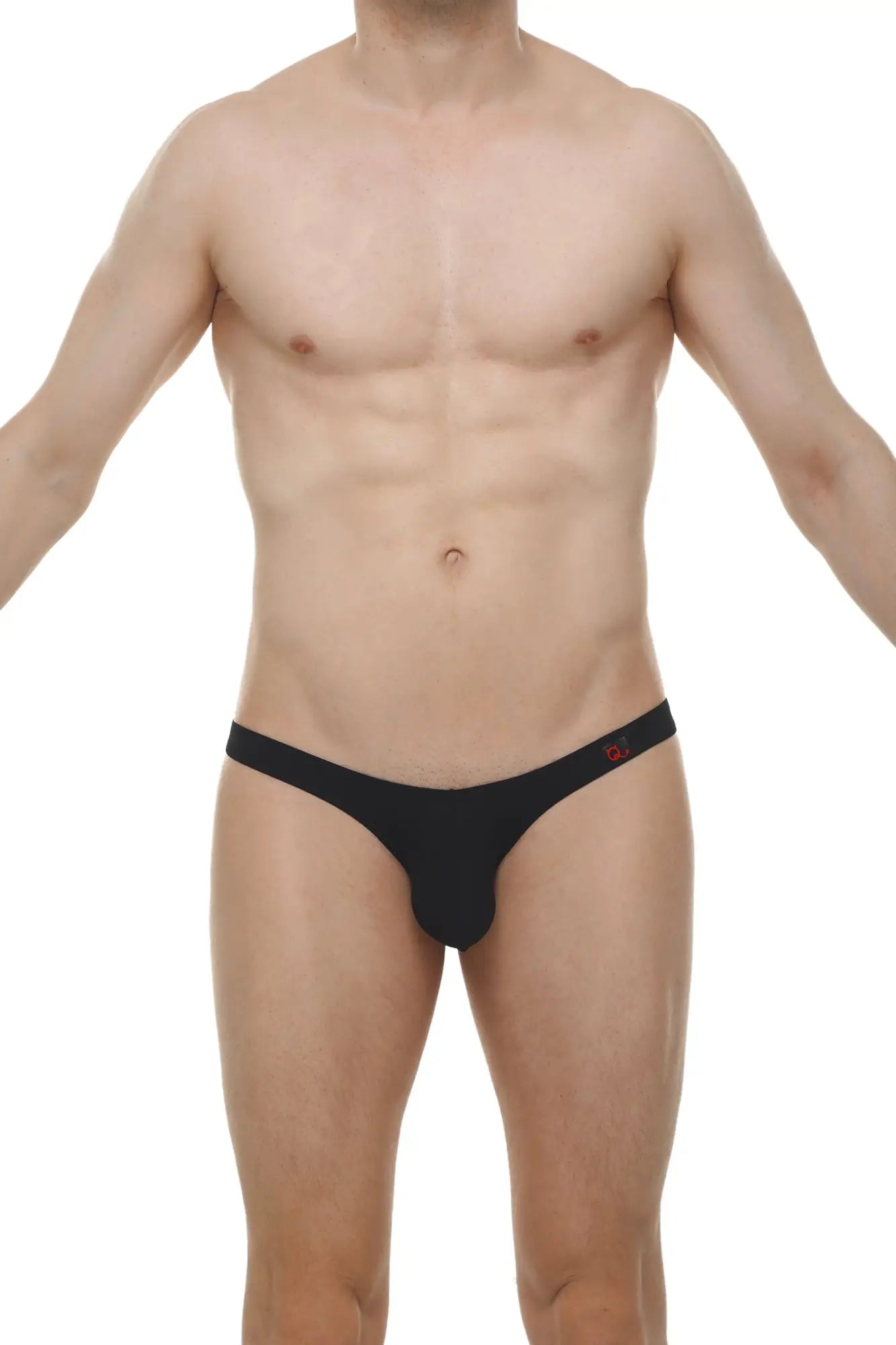Black men’s thong bikini dome skine black with subtle red logo on waistband front view