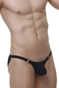 Black lace thong petitq bikini ladon macra black with textured patterned front and metallic ring accents on sides