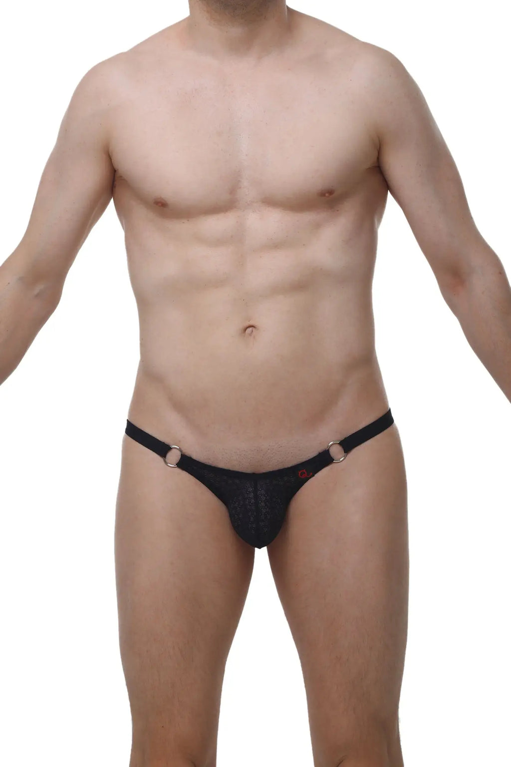 Black mesh thong with gold toned metal rings at the sides from the petitq bikini ladon macra black collection
