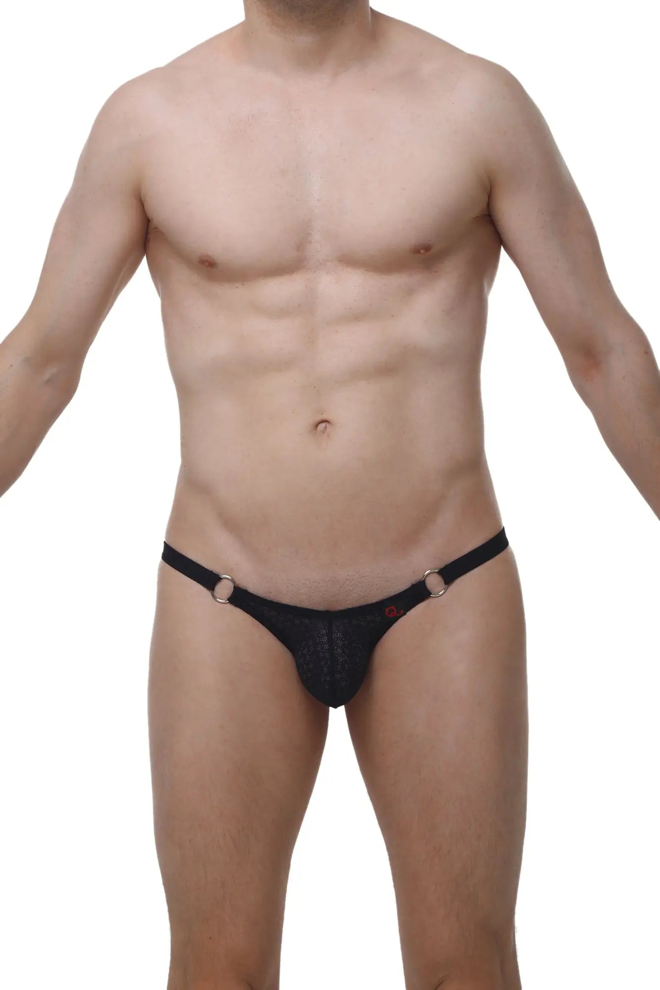 Black mesh thong with gold toned metal rings at the sides from the petitq bikini ladon macra black collection