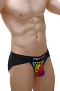 Black briefs with vibrant rainbow leopard print and petitq branded waistband from petitq bikini lagny leopard rainbow collection