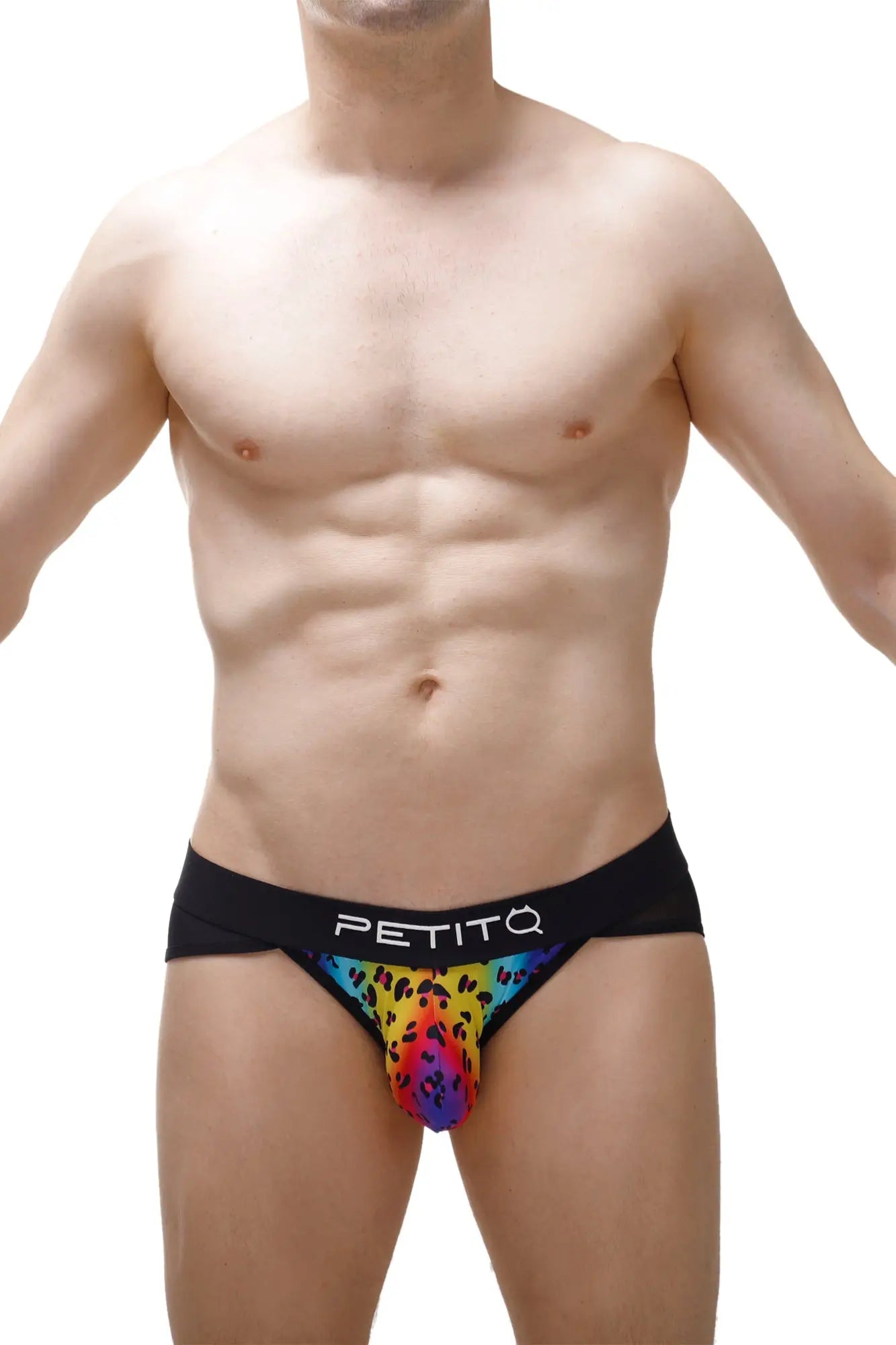 PetitQ bikini Lagny leopard rainbow briefs with rainbow leopard print and black waistband featuring PetitQ brand name