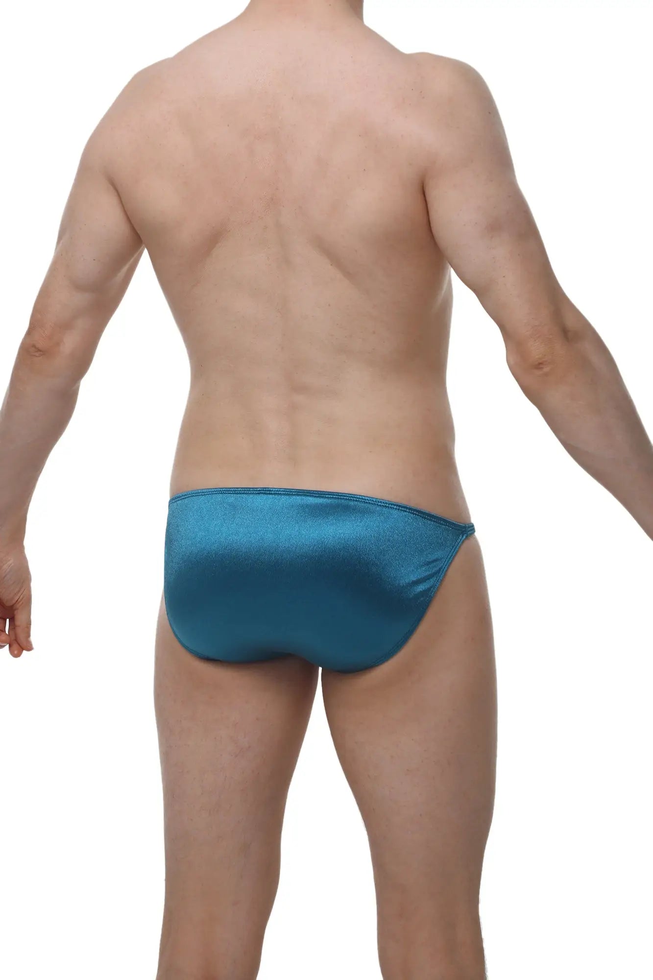 A sleek teal satin petitq bikini lhery brief with a smooth glossy finish and tailored fit