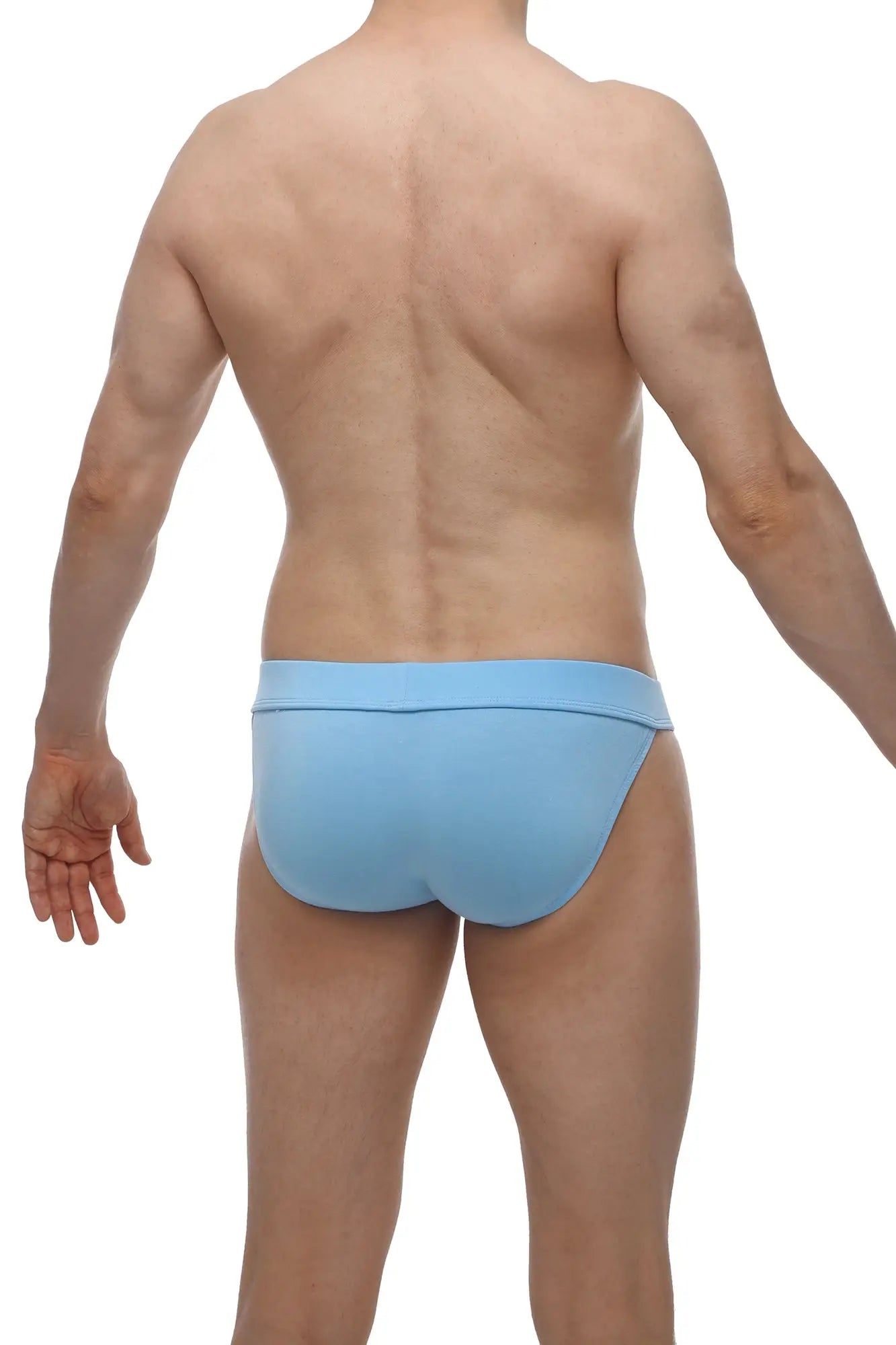 Light blue form-fitting bikini linthes swim trunks with smooth bamboo fabric finish