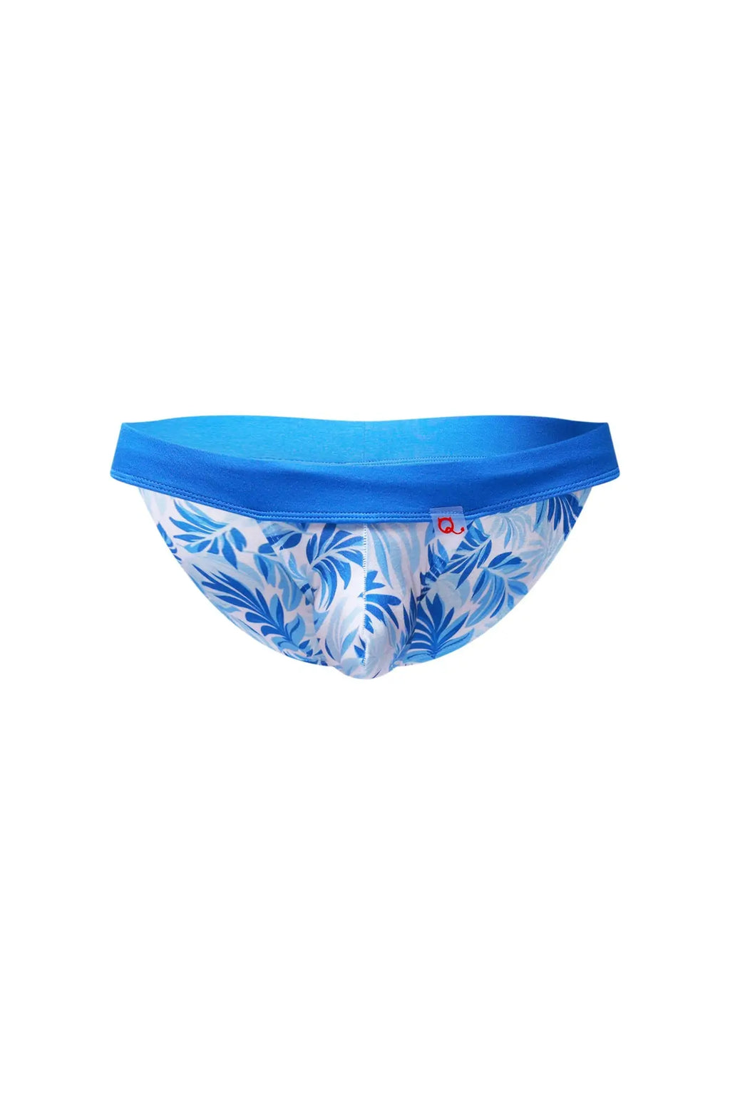 PetitQ bikini Linthes Maeha briefs with blue and white tropical leaf pattern and solid blue waistband