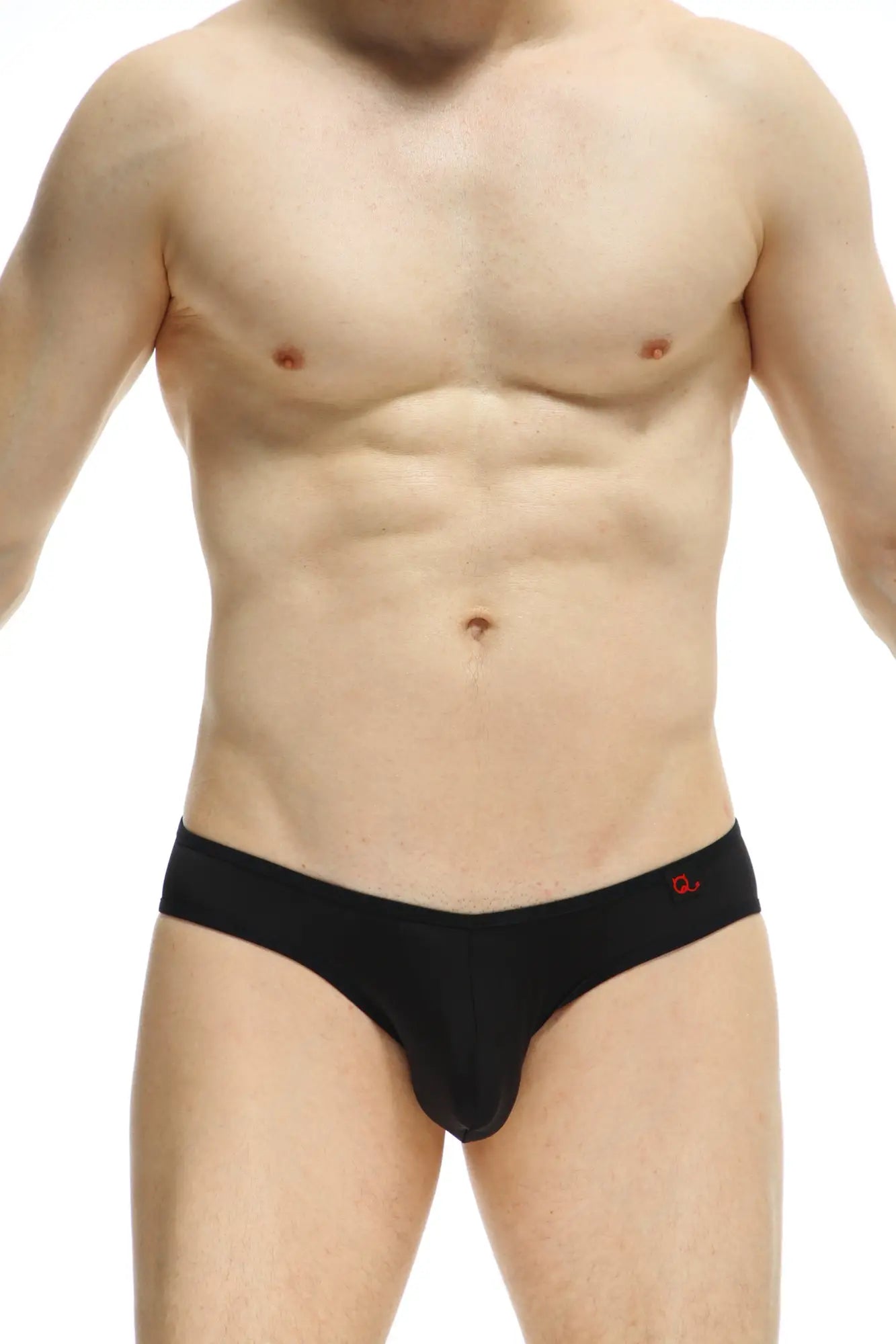 PetitQ bikini Loisail black men’s briefs in soft fabric with a red logo on the waistband front view
