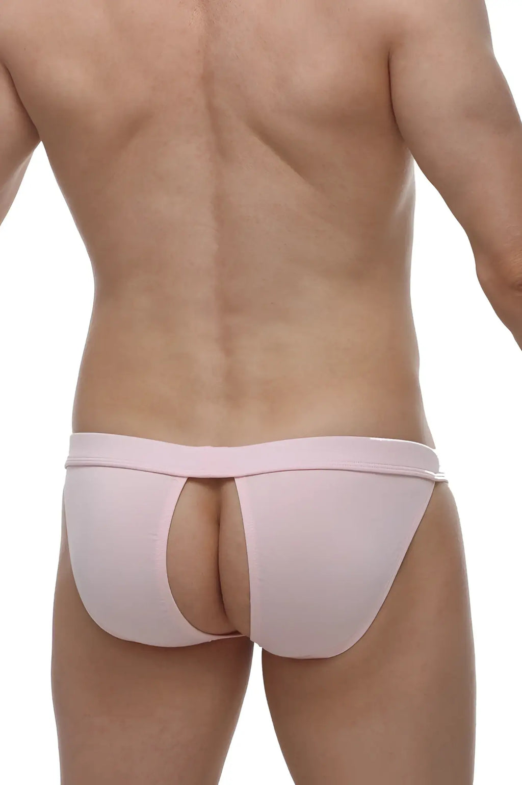 Pink athletic bikini manol briefs with central cutout and elastic waistband made from bamboo fabric