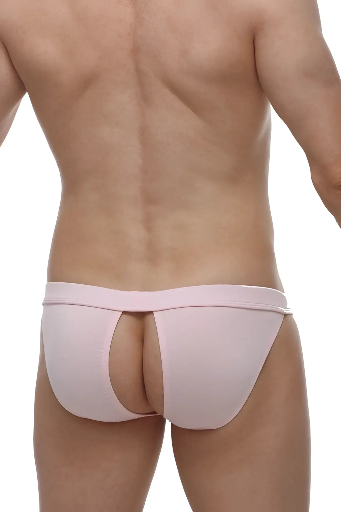 Pink athletic bikini manol briefs with central cutout and elastic waistband made from bamboo fabric