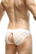 White lace thong with solid white waistband and open back design from petitq bikini manol lace white collection