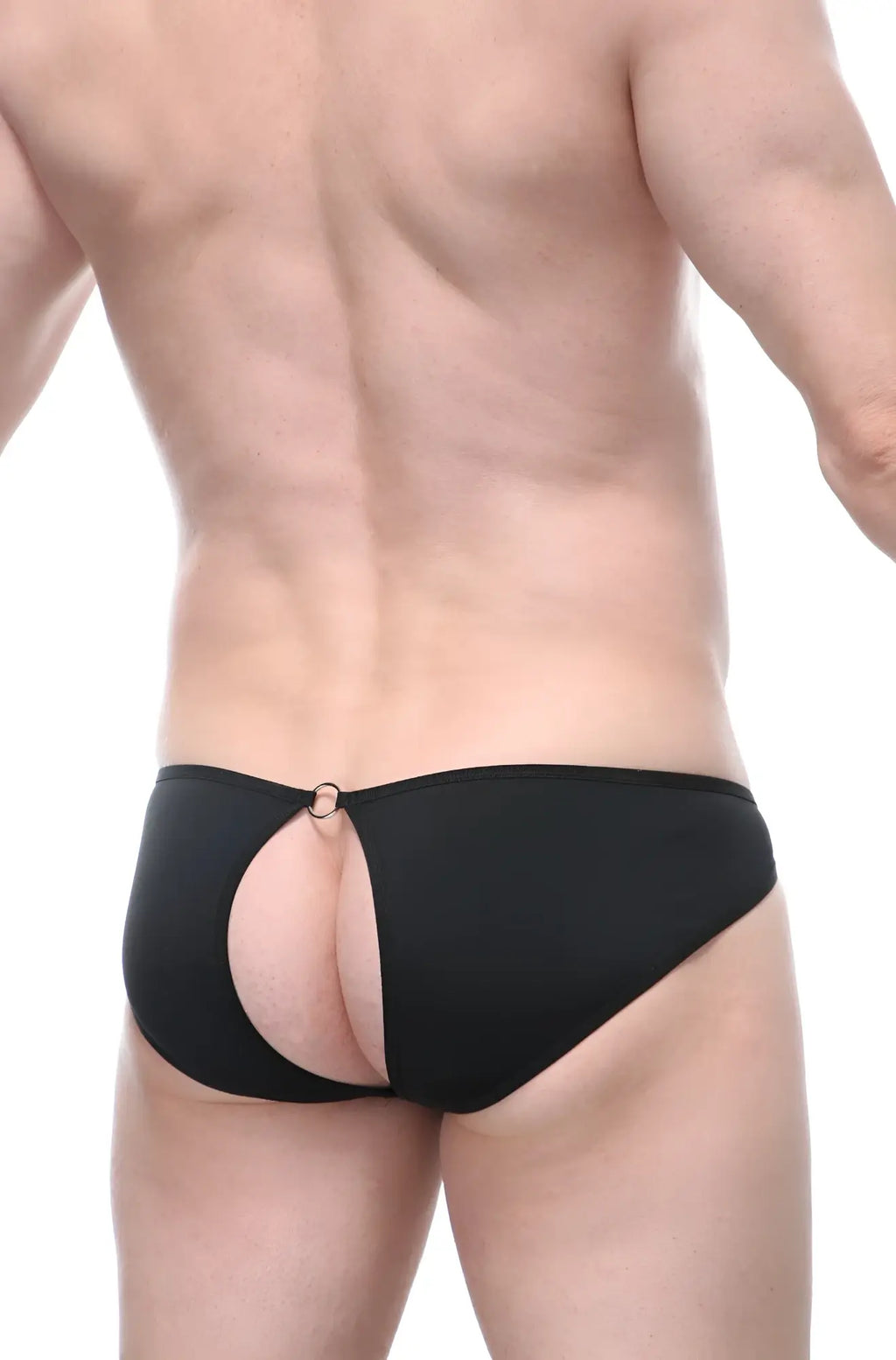 Black petitq bikini manol ring briefs showing back with a cutout and small metal ring detail in form-fitting fabric