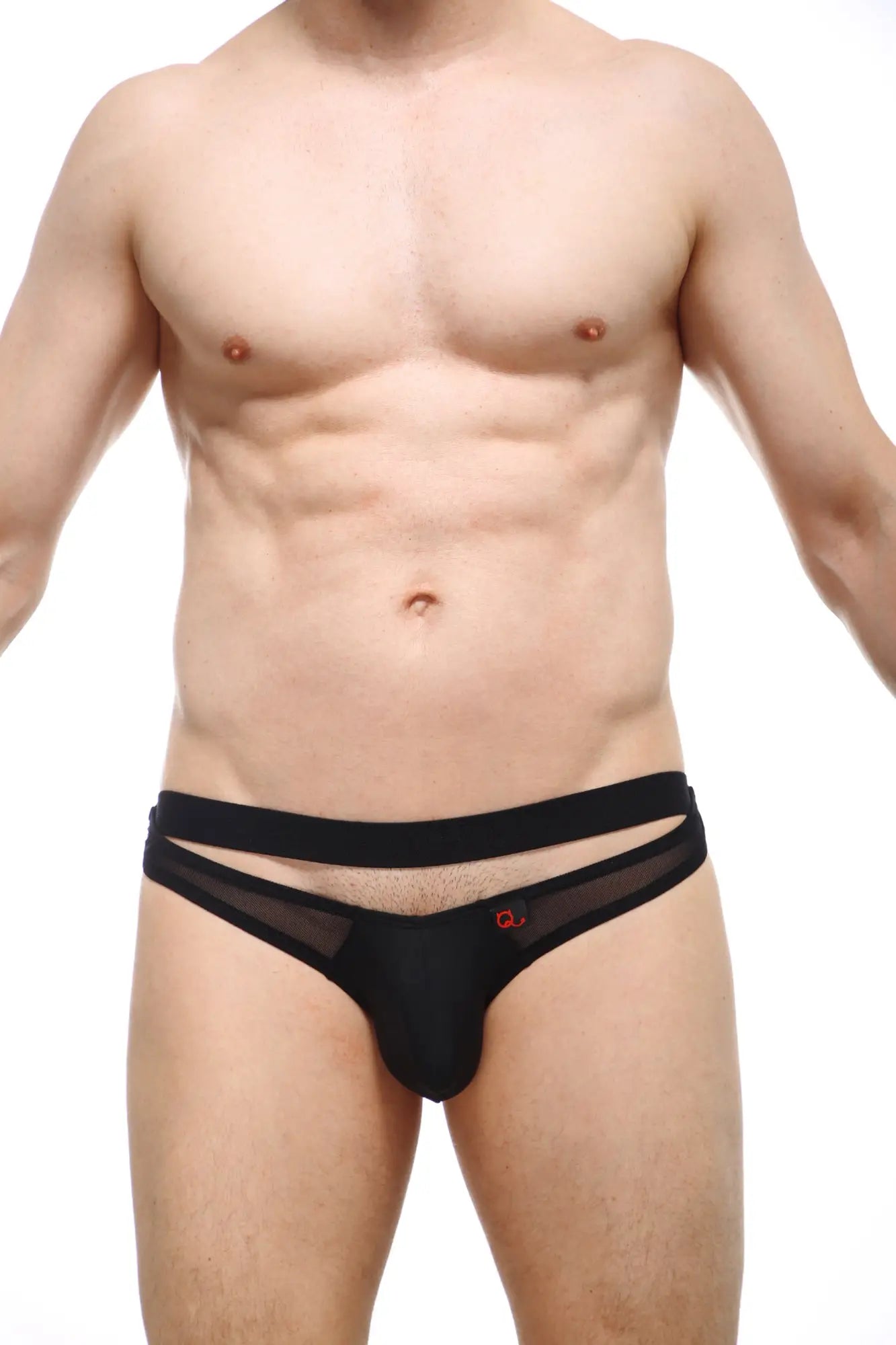 Petitq bikini mardie black briefs featuring black mesh and solid fabric with a red logo on the side