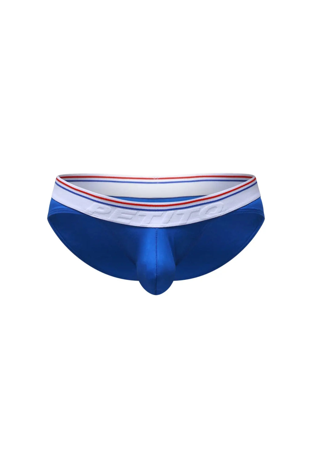 Blue men’s briefs petitq bikini mega bulge modal with white waistband red and blue stripes embossed pethro branding