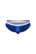 Blue men’s briefs petitq bikini mega bulge modal with white waistband red and blue stripes embossed pethro branding