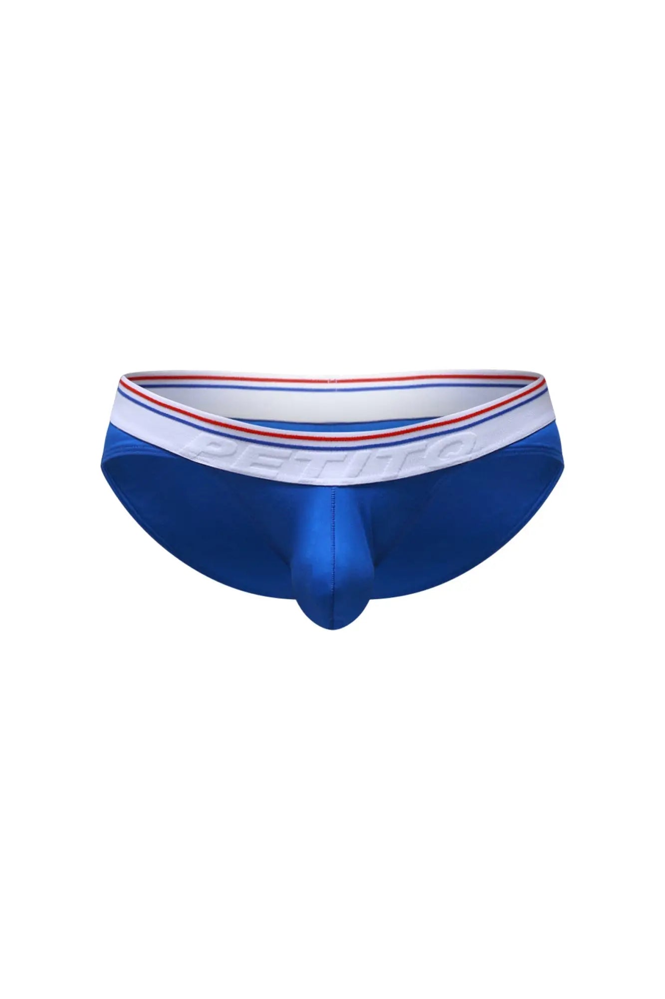 Blue men’s briefs petitq bikini mega bulge modal with white waistband red and blue stripes embossed pethro branding