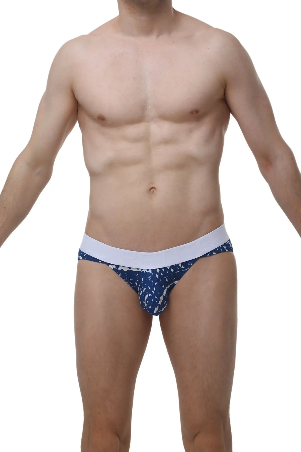 Petitq bikini mega bulge new denim blue and white patterned men’s briefs with solid white waistband front view