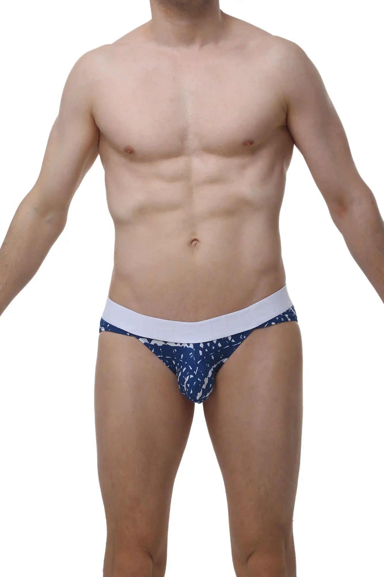 Petitq bikini mega bulge new denim blue and white patterned men’s briefs with solid white waistband front view