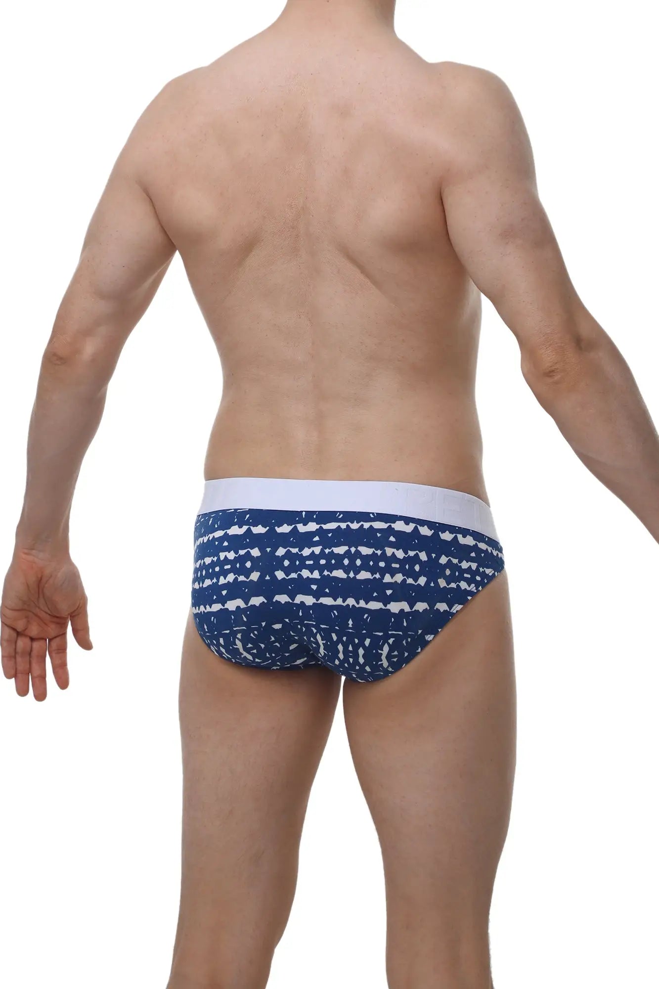 Petitq bikini mega bulge new denim men’s briefs in blue and white pattern with solid white waistband
