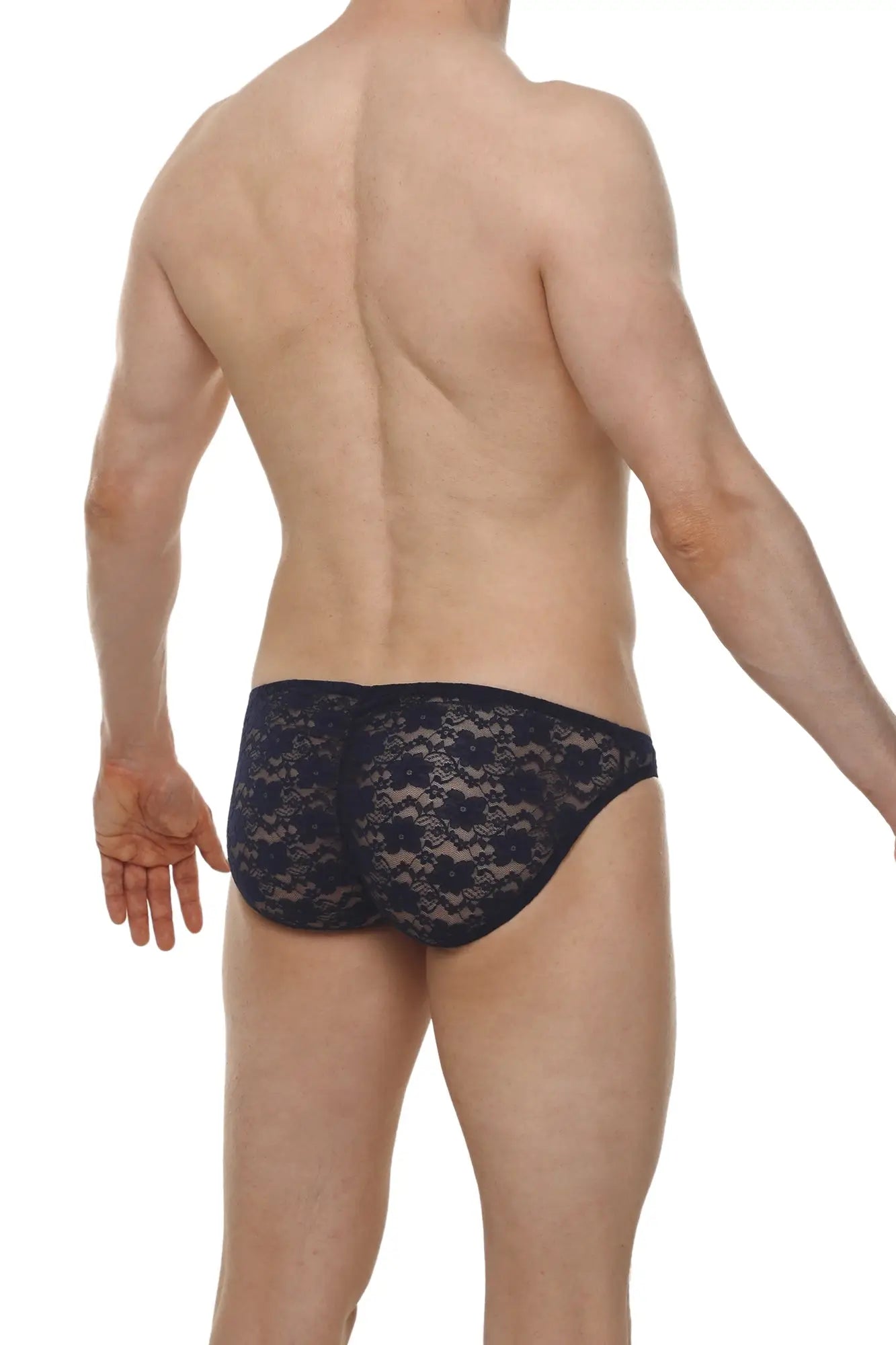 Black lace bikini briefs in navy with a delicate floral pattern made from soft lace material
