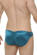 Teal metallic satin petitq bikini murlin briefs with a ruched back design shown from the back side