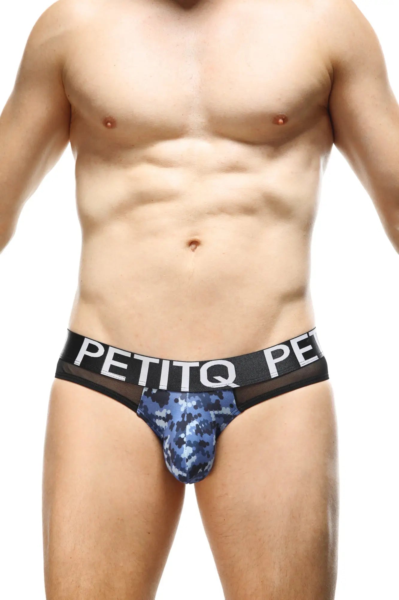 Blue camouflage petitq bikini briefs with black waistband and white lettering for men in noth camo blue pattern