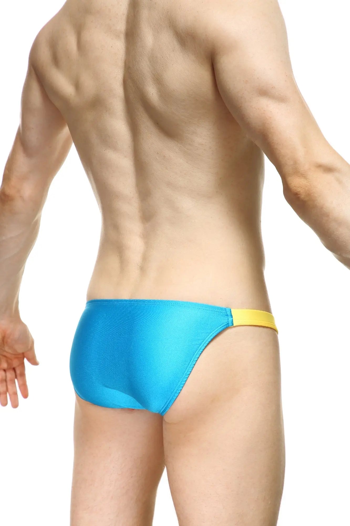 Bright blue swim trunks with contrasting yellow waistband from bikini objat joe turquoise collection