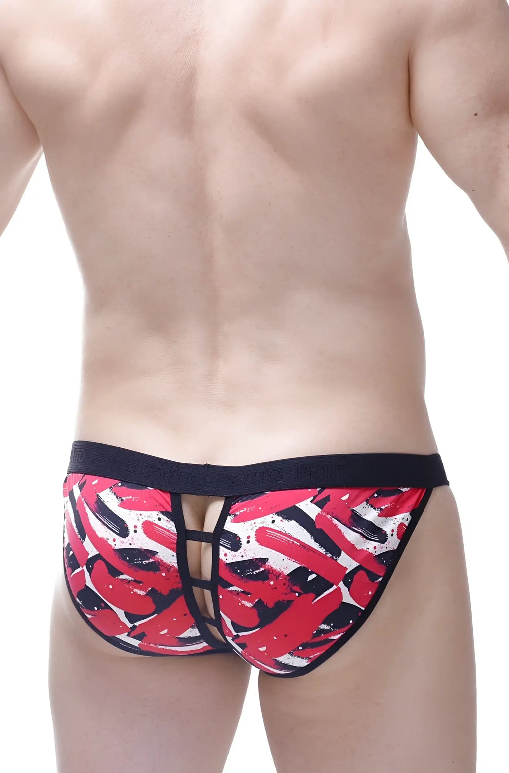 PetitQ bikini open chick men’s briefs with red and black abstract brushstroke pattern and black elastic waistband