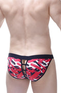 PetitQ bikini open chick men’s briefs with red and black abstract brushstroke pattern and black elastic waistband