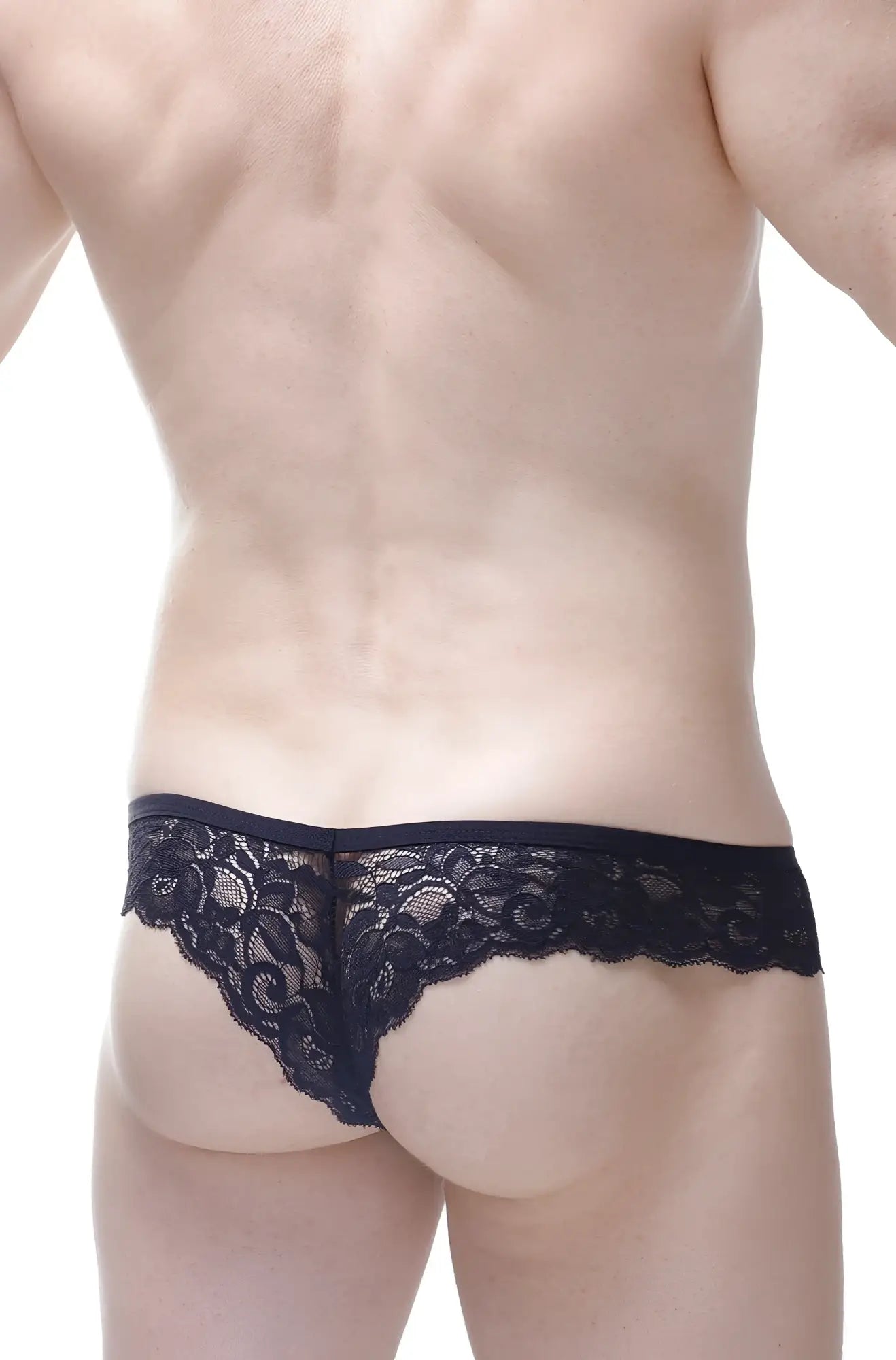 Black lace thong with intricate floral patterns and smooth elastic waistband from petitq bikini oupar satin black collection