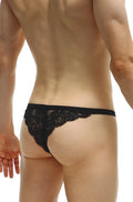 Black lace thong petitq bikini plaintel black with intricate floral patterns and solid elastic waistband