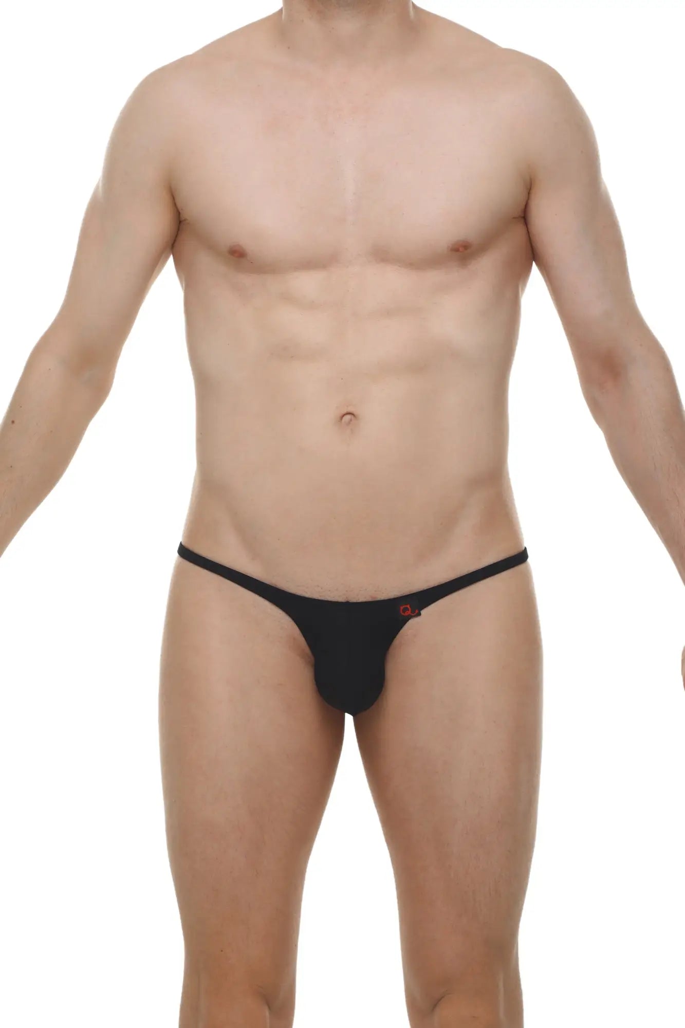 Black thong bikini plellis with small red logo on front made from smooth fabric for swimwear use